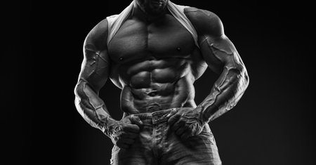 Muscular male torso. Perfect fit, six pack, abs, shoulders, deltoids, biceps, triceps and chest. Black and white image. Mixed mediaの写真素材