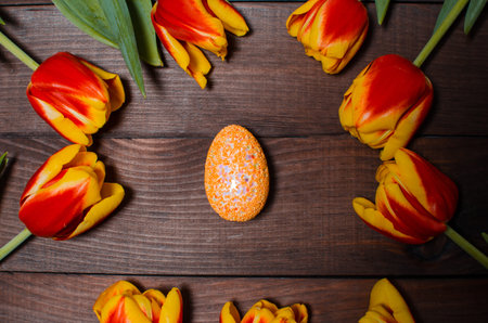 spring tulips and easter eggs. Traditional Christian Easter holiday