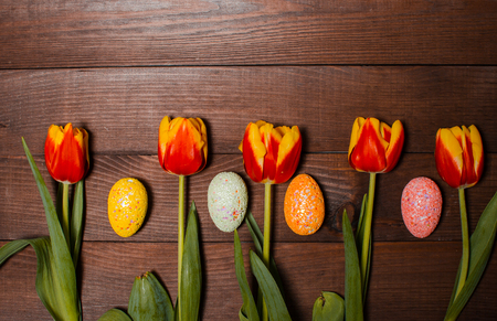 spring tulips and easter eggs. Traditional Christian Easter holidayの写真素材