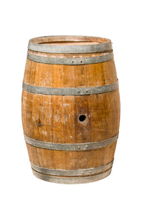 Wooden barrel with iron rings. Isolated on white background.の写真素材