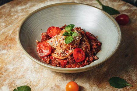 A Rustic Italian Delight,A bowl of spaghetti topped with ripe tomatoesの写真素材