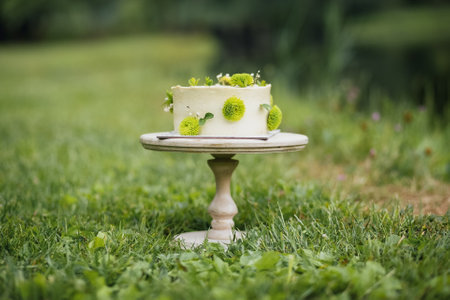 Elegant Cake Adorning Wooden Stand Amidst Lush Green Grassの写真素材