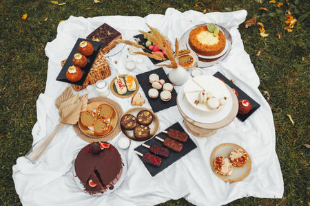 Sweet Symphony: Decadent Desserts on a Picnic Tableの写真素材