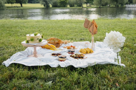 Lakeside Picnic Feast on the parkの写真素材