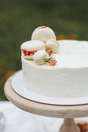 Elegant White Cake Adorned With Colorful Macaroonsの写真素材