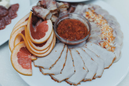 Delicate sliced meat arranged on a white plate