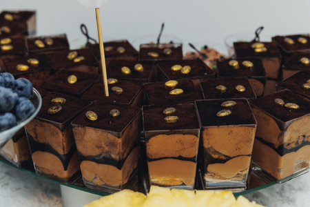 Chocolate cubes with gold garnish, neatly arranged on glass