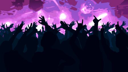 Silhouettes of dancing people in club in front of bright stage lights - disco concept, vector illustrationのイラスト素材