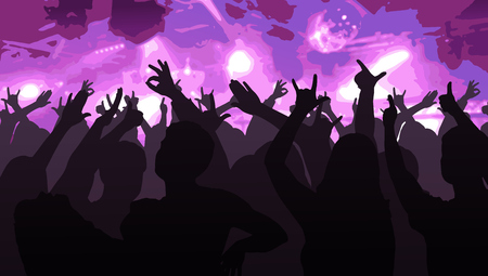 Silhouettes of dancing people in club in front of bright stage lights - disco concept, vector illustrationのイラスト素材