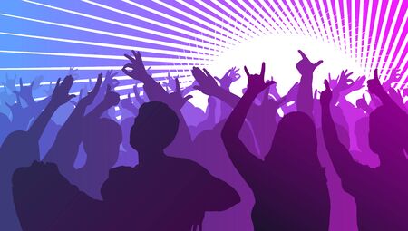 Silhouettes of dancing people in club in front of bright stage lights - disco concept, vector illustrationのイラスト素材