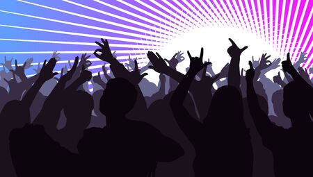 Silhouettes of dancing people in club in front of bright stage lights - disco concept, vector illustrationのイラスト素材