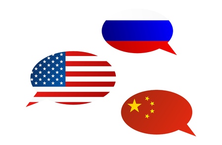 Conversation dialogue bubbles between Russian Federation, China and United States of Americaのイラスト素材
