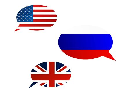 Conversation dialogue bubbles between United States of America, United Kingdom and Russian Federationのイラスト素材
