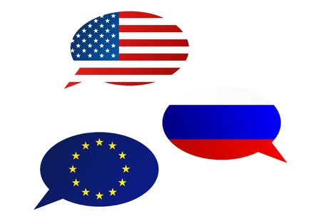Conversation dialogue bubbles between United States of America, European Union and Russian Federationのイラスト素材