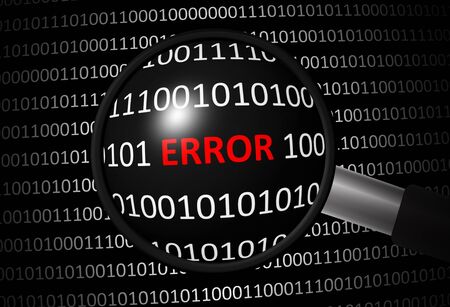 Binary code with error and magnifying lens on black backgroundの写真素材