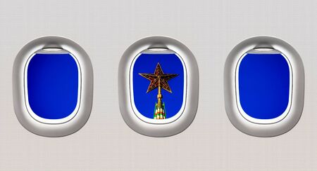 View of red star at Kremlin tower from airplane windows - flight conceptの写真素材