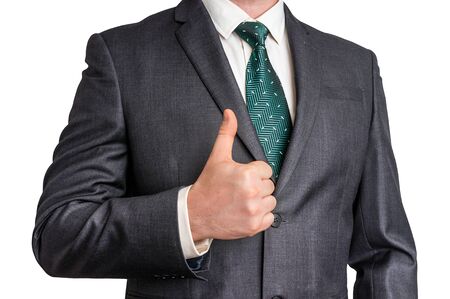 Businessman showing gesture with thumb up - isolated on white backgroundの写真素材