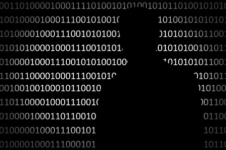 Anonymous hacker without face and black binary code backgroundの写真素材