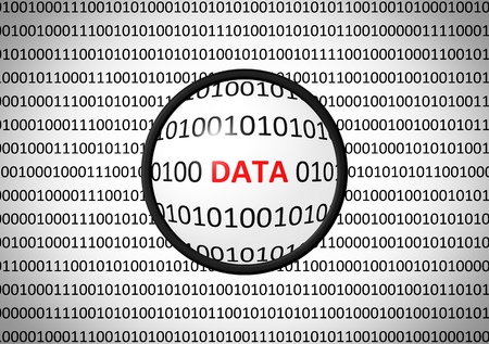 Binary code with DATA and magnifying lens on white backgroundの写真素材