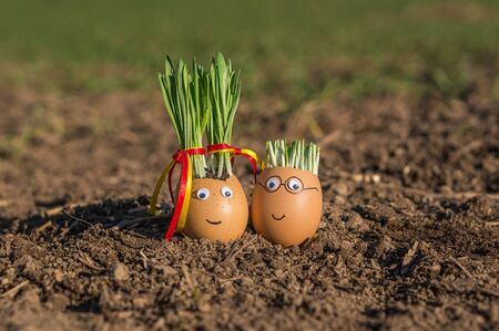 Happy egg family on the soil, Easterの写真素材