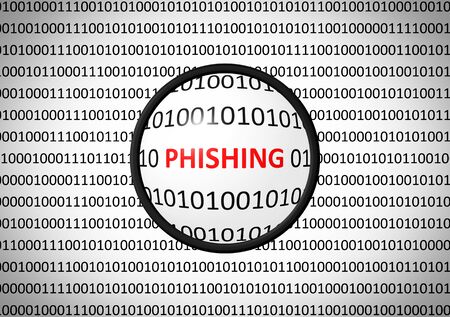 Binary code with PHISHING and magnifying lens on white backgroundの写真素材