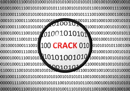Binary code with CRACK and magnifying lens on white backgroundの写真素材