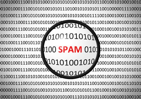 Binary code with SPAM and magnifying lens on white backgroundの写真素材