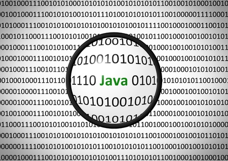 Binary code with Java and magnifying lens on white backgroundの写真素材