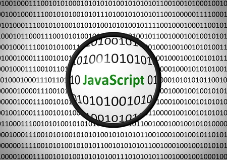 Binary code with JavaScript and magnifying lens on white backgroundの写真素材