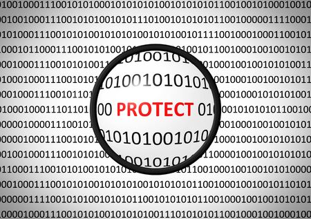 Binary code with PROTECT and magnifying lens on white backgroundの写真素材