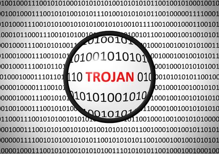 Binary code with TROJAN VIRUS and magnifying lens on white backgroundの写真素材