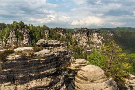 Beautiful view of rocks near bridge Bastei in Saxon Switzerland, Germanyの写真素材