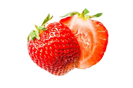 Two half of fresh strawberry isolated on a white backgroundの写真素材