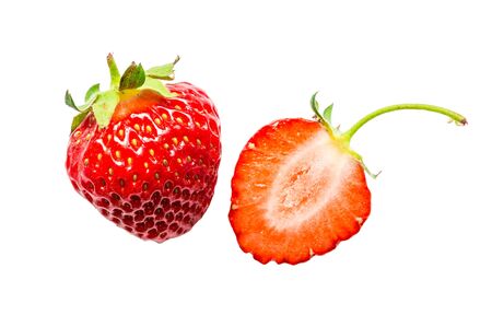 One half and one whole of strawberry isolated on a white backgroundの写真素材
