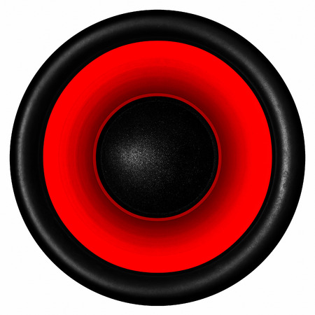 Red audio speaker isolated on white backgroundの写真素材