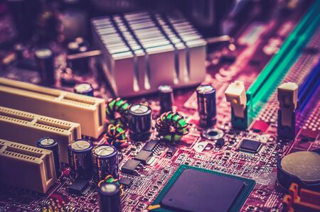 Computer motherboard, macro and blurred view - retro and vintage styleの写真素材
