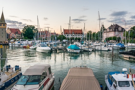 Harbor in Lindau, Lake Constance, Bavaria, Germanyの写真素材