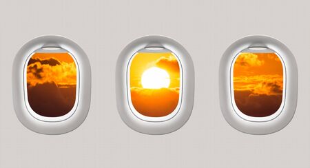 Looking out the windows of a plane to the Black sea and sunset in Georgiaの写真素材