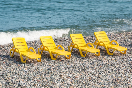 Sun loungers on the beach in Batumi, Georgiaの写真素材