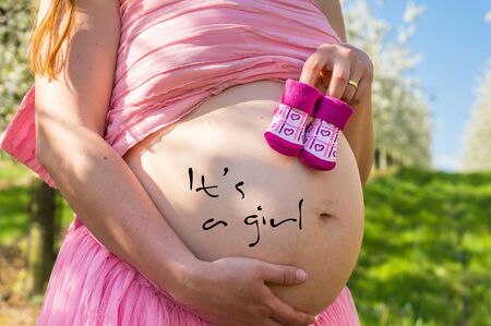 Belly of a pregnant girl and small booties in the blooming fruit gardenの写真素材