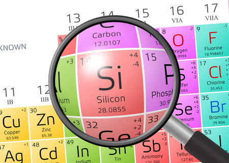 Silicon from Periodic Table of the Elements with magnifying glassの写真素材