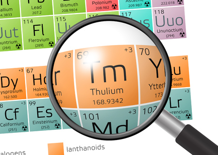 Thulium from Periodic Table of the Elements with magnifying glassの写真素材