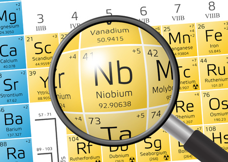 Niobium from Periodic Table of the Elements with magnifying glassの写真素材
