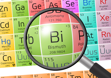 Bismuth from Periodic Table of the Elements with magnifying glassの写真素材