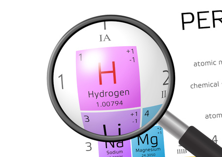Hydrogen from Periodic Table of the Elements with magnifying glassの写真素材