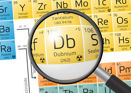 Dubnium from Periodic Table of the Elements with magnifying glassの写真素材