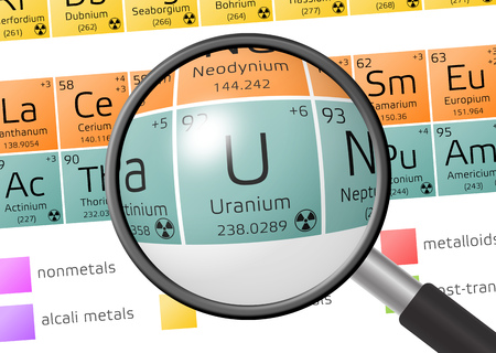 Uranium from Periodic Table of the Elements with magnifying glassの写真素材