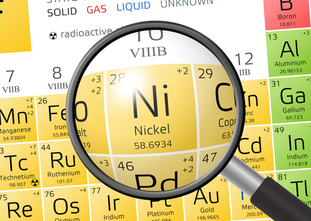 Nickel from Periodic Table of the Elements with magnifying glassの写真素材