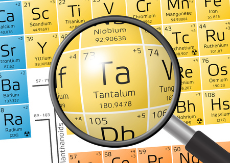 Tantalum from Periodic Table of the Elements with magnifying glassの写真素材