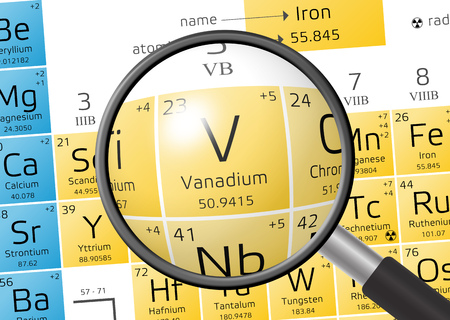 Vanadium from Periodic Table of the Elements with magnifying glassの写真素材